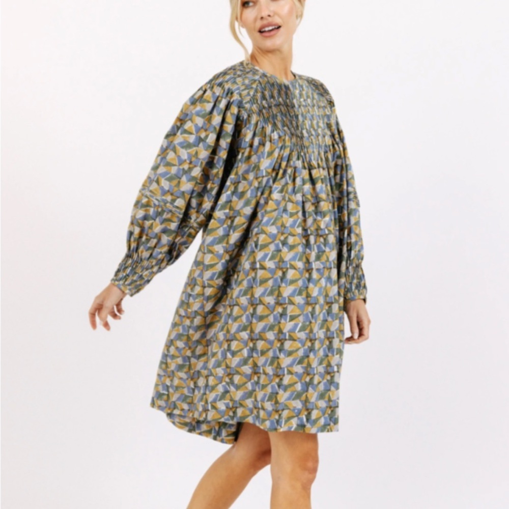 Mirth Kerala Short Dress In Parakeet Boho Pintucked Exaggerated Cotton - Picture 1 of 8